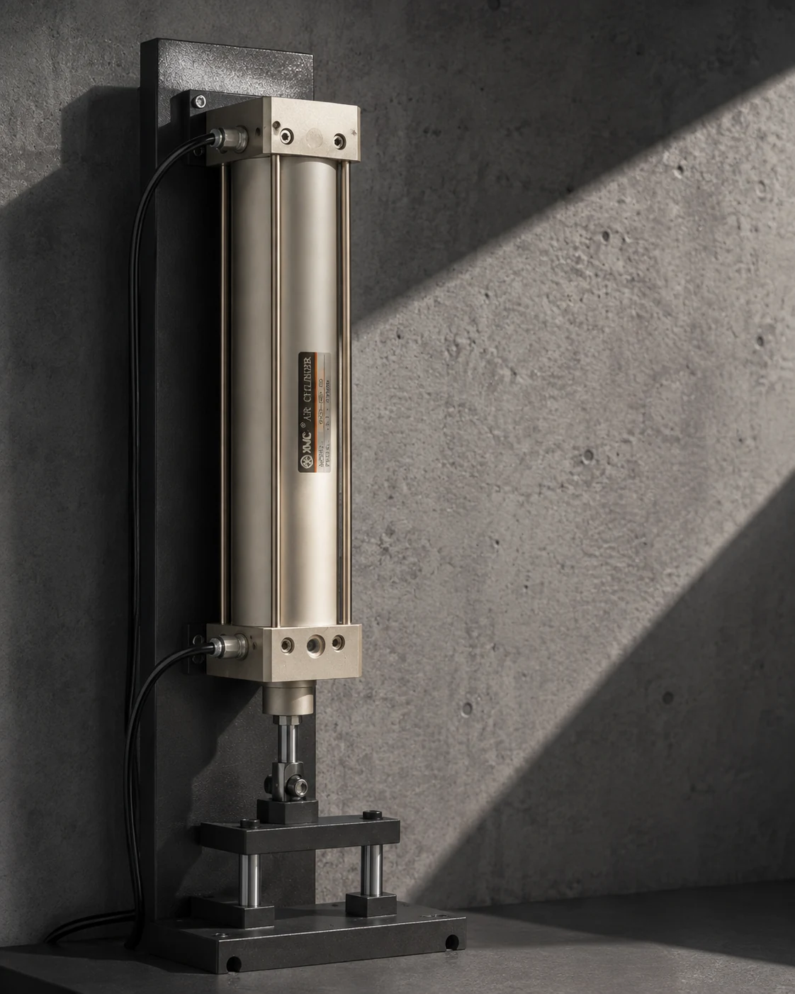 AI application concept: a vertical HC95-style cylinder connected to a guided positioning fixture